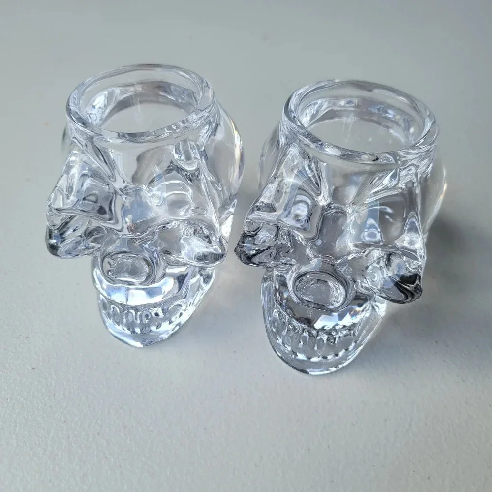 Set Of 2 Halloween Decor Art Glass Scull  Candleholder Tea Crystal Clear Heavy